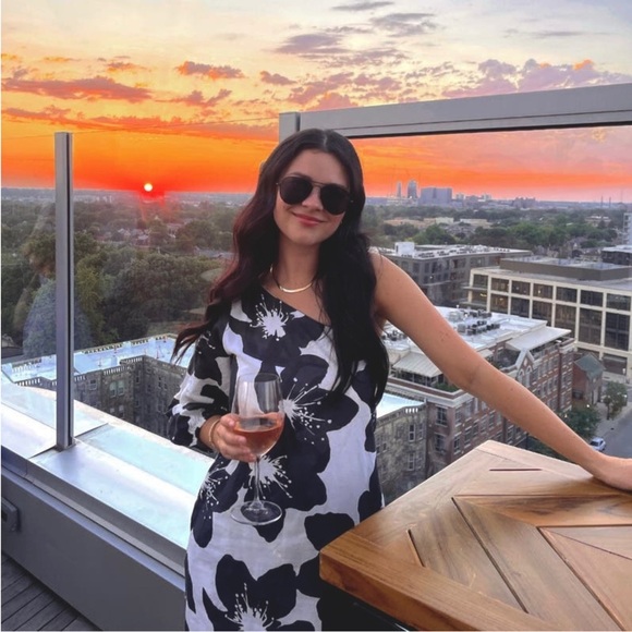 SOMETHING NAVY Floral Print Linen Cotton One Shoulder Puff Sleeve Column Gown L - Picture 4 of 13